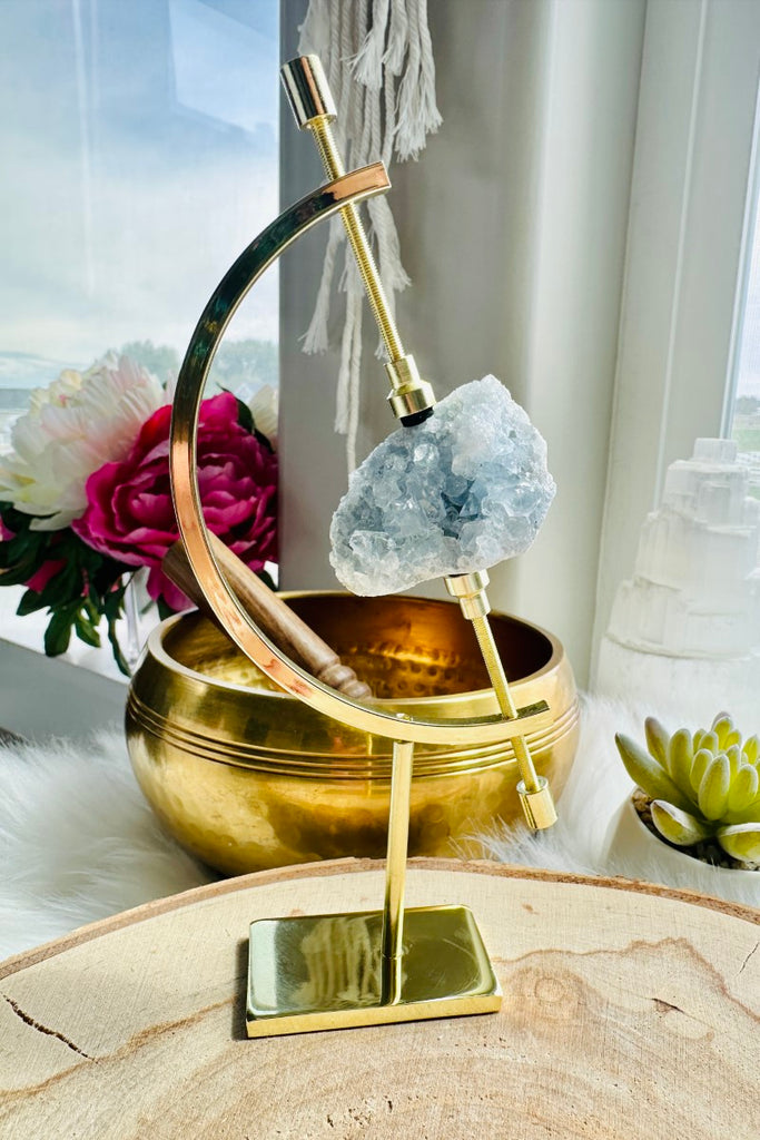 Celestite Cluster with Gold Stand 002