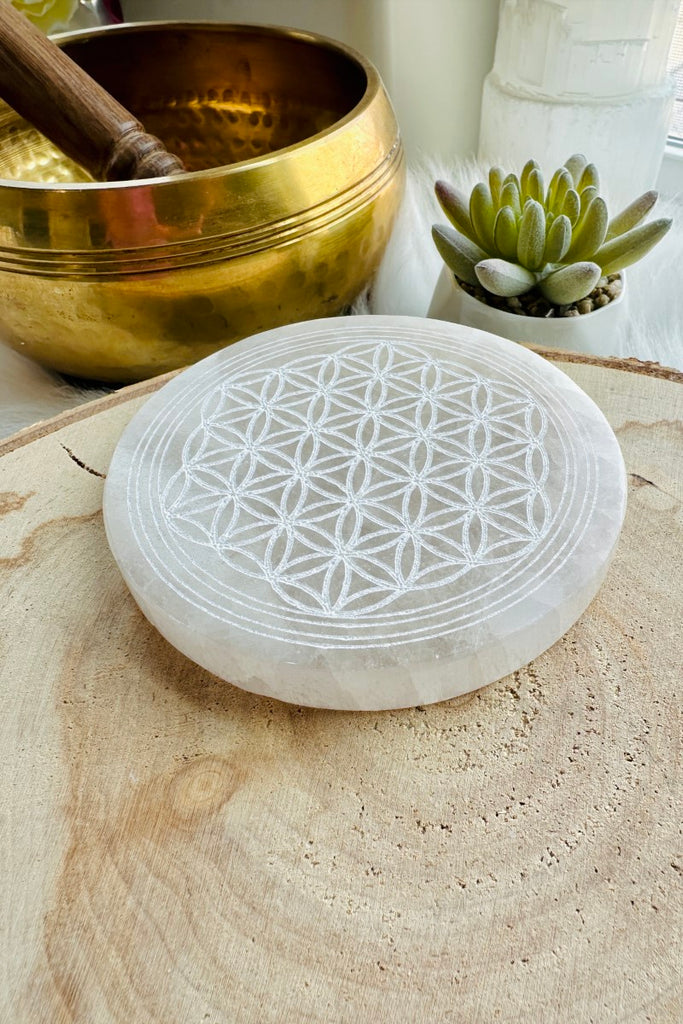 Selenite Flower of Life Engraved Plate