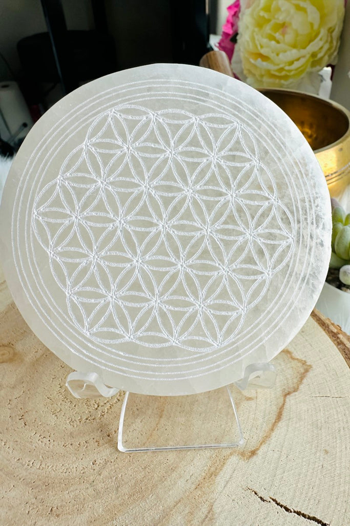 Selenite Flower of Life Engraved Plate