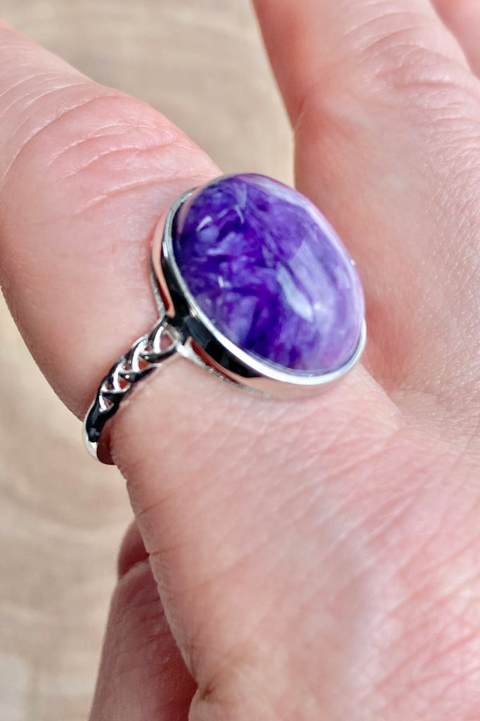 Charoite Adjustable 925 Silver Ring