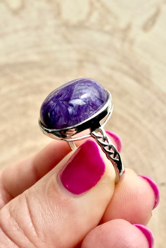 Charoite Adjustable 925 Silver Ring