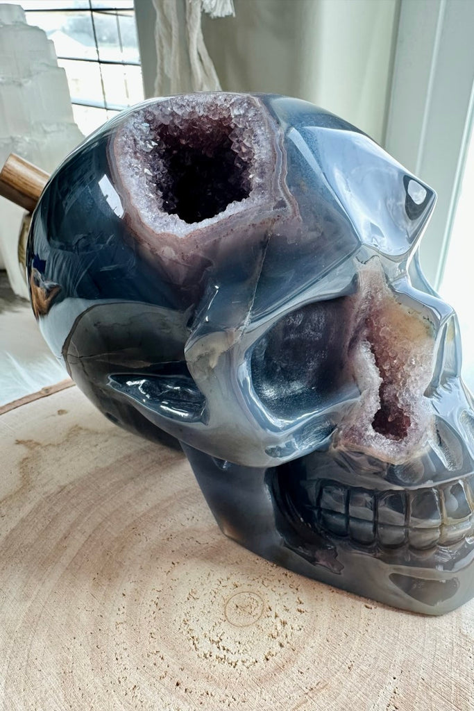 Amethyst and Blue Agate Geode Skull