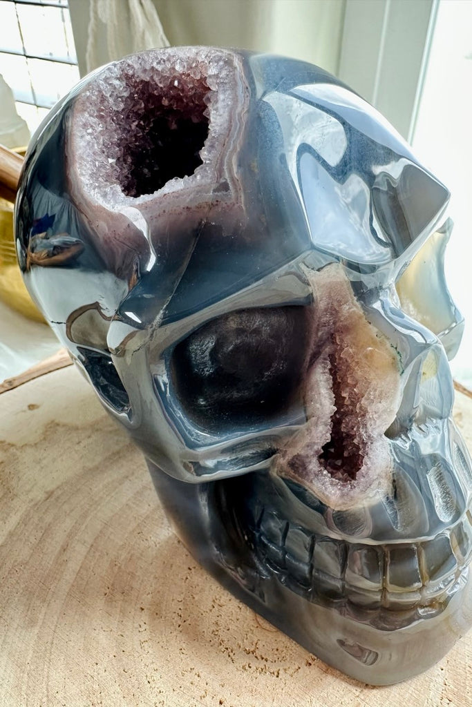 Amethyst and Blue Agate Geode Skull