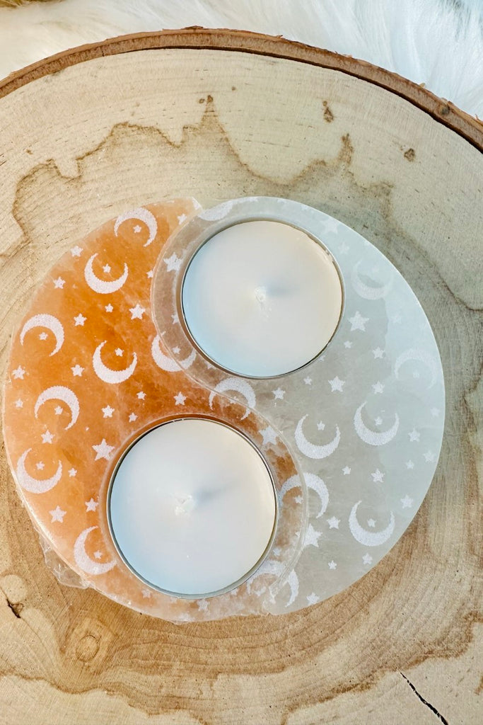 Selenite Star Moon Peace Tea Light Candle Holder